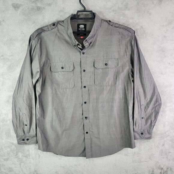 Mens Gray Ecko Unltd Shirt Long Sleeve Button Up Double Front Pockets Size 2XL - Picture 2 of 11